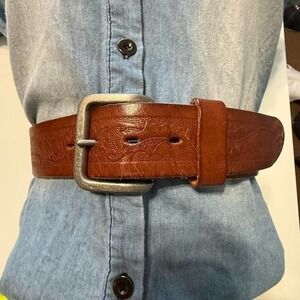 Vintage GAP Tooled Leather Western Belt Brown Wide Rustic Cowboy Boho